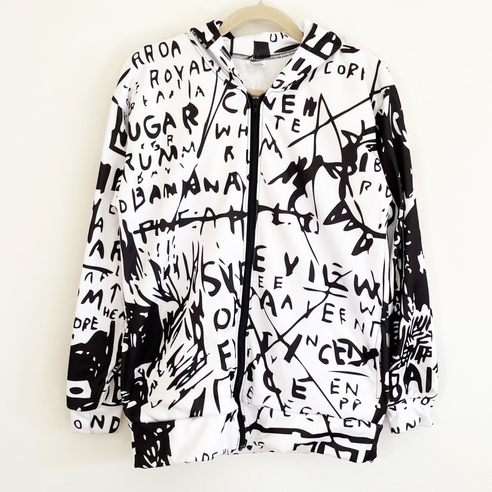 Graffiti writing zip up hoodie long sleeve black and white pockets small medium